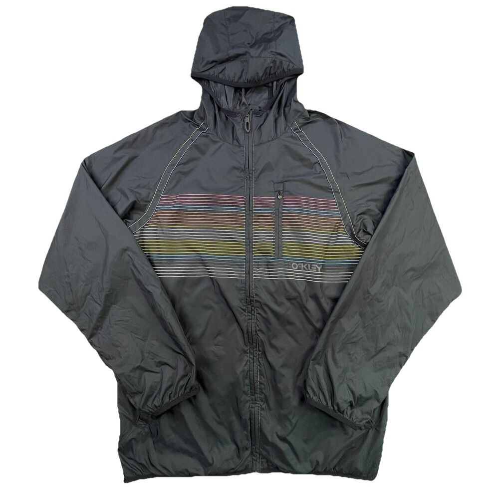 Oakley Windbreaker Jacket L Black Fleece Lined Full Zip Hooded Training Y2K